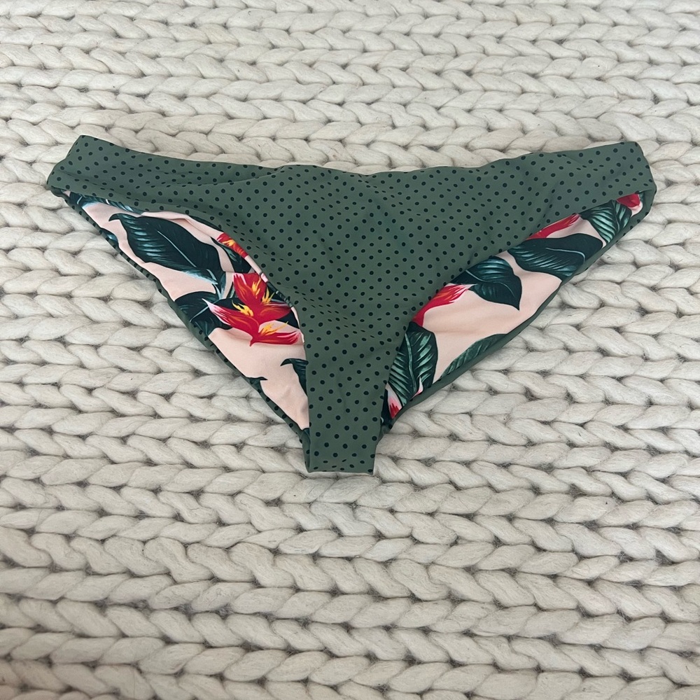 Reversible Floral & Polka Dot Bikini Bottom - Olive Green & Pink